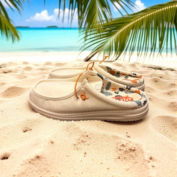 Hey Dude Wally Slip Luau. Beige Slip-On Loafers with Orange Accents. NWOT. - Picture 4 of 8